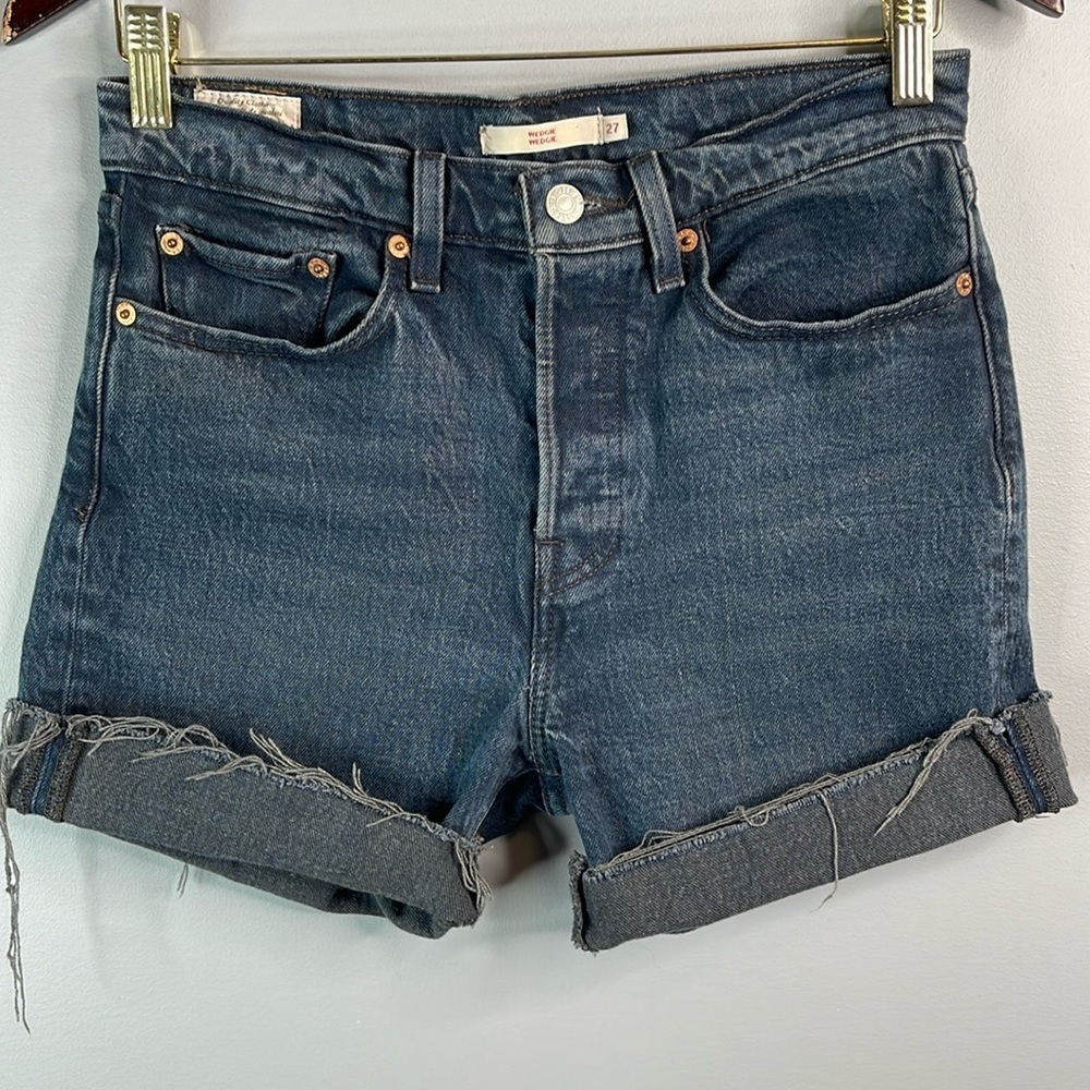 LEVIS Premium Wedgie Fit Upcycled Shorts Black Denim High Waist Button Fly  27 - Picture 14 of 14